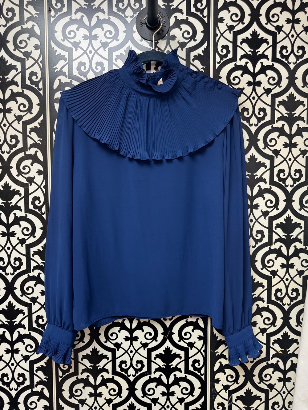 Vintage Casual Corner Navy Pleated Ruffle High-Neck Blouse